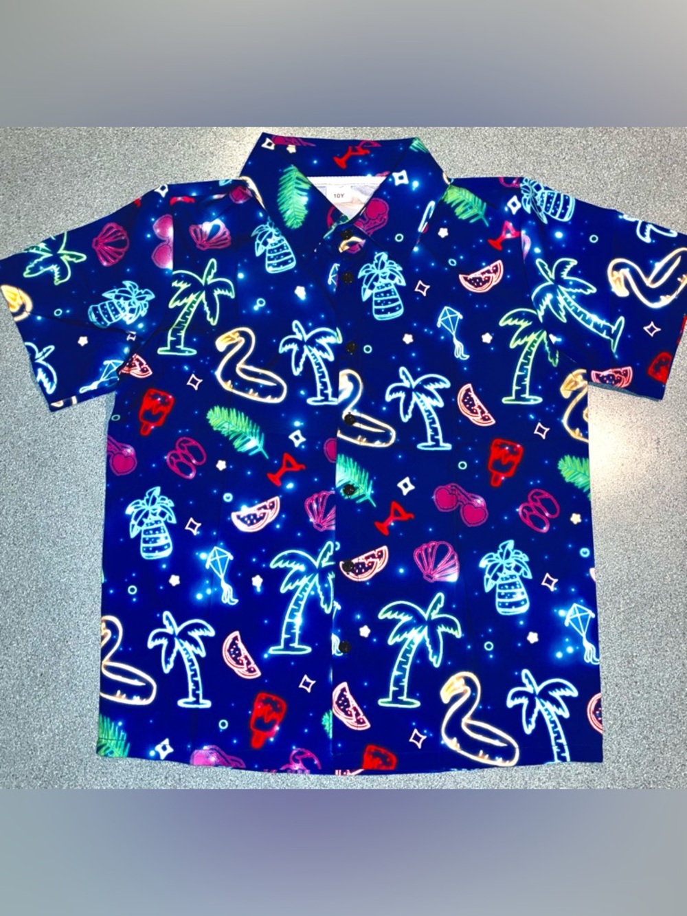 Neon Tropical Print Button-Up Shirt - Blue